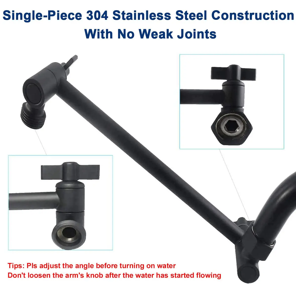 NearMoon Adjustable Shower Arm Extension with Universal Connection, 11 Inch (28 cm), Matte Black | Solid 304 Stainless Steel - view 6