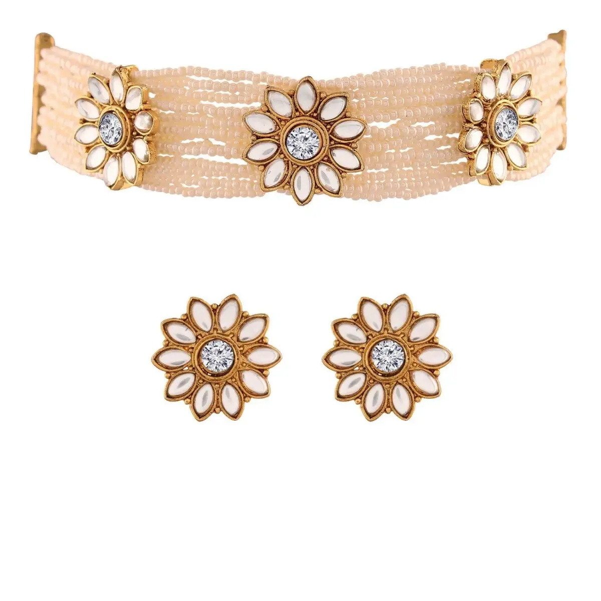 I Jewels Gold Plated Kundan & Pearl Choker Necklace Jewelry Set with Studs for Women | 22.5 cm Necklace - main product image