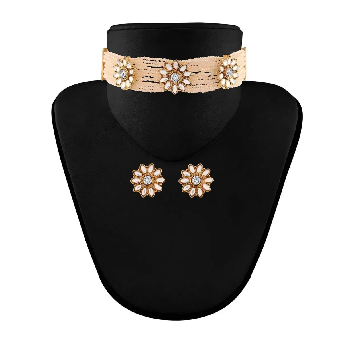 I Jewels Gold Plated Kundan & Pearl Choker Necklace Jewelry Set with Studs for Women | 22.5 cm Necklace - view 5
