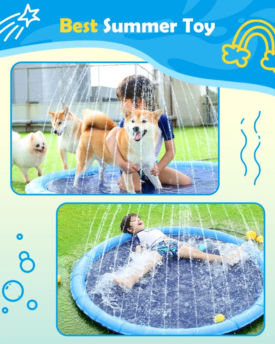 Peteast Dog Pool, Anti-Slip Splash Pad for Dogs, 67 in, Blue | Large Water Play Mat for Dogs & Kids - view 8
