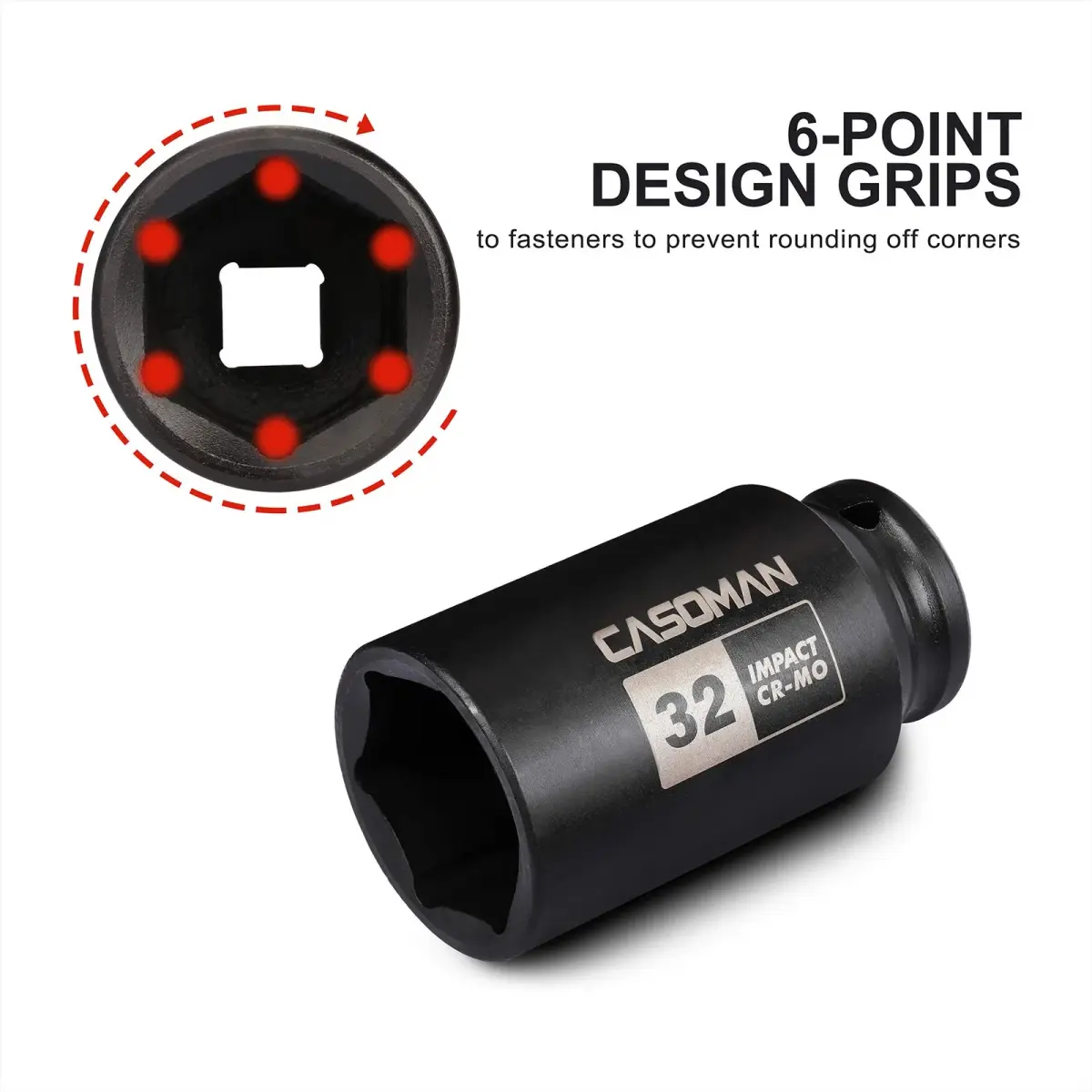 CASOMAN 1/2" Drive x 32 mm Deep 6 PT Impact Socket | CR-MO, 1/2-inch Drive 6 Point Axle Nut Socket for Easy Removal of Axle Shaft Nuts (32MM) - view 2
