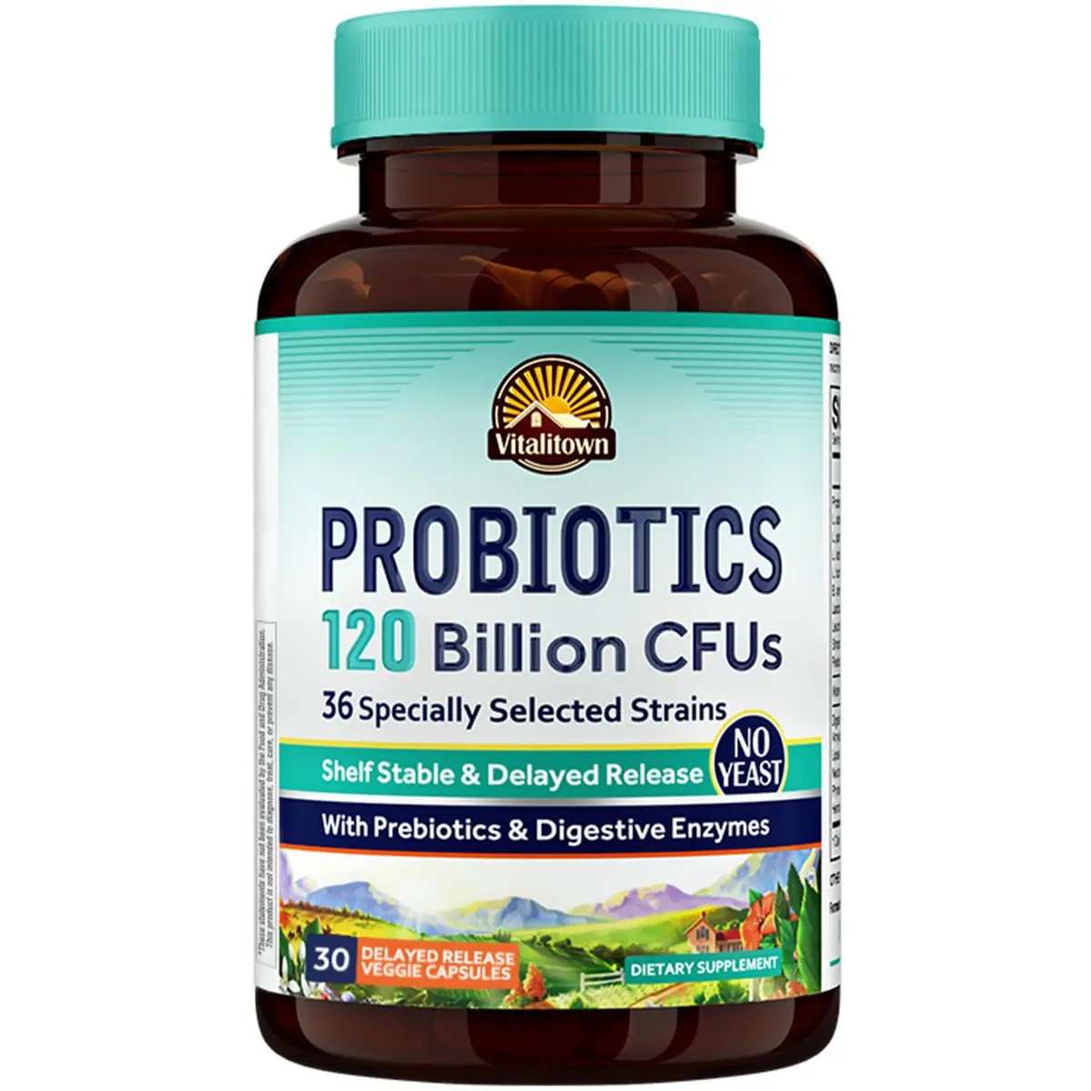 Vitalitown Probiotics 120 Billion CFUs | 36 Strains, with Prebiotics & Digestive Enzymes for Men Women | Shelf Stable | Digestive & Immune Support | Vegan, Non-GMO | 30 Delayed Release Veg Caps - main product image