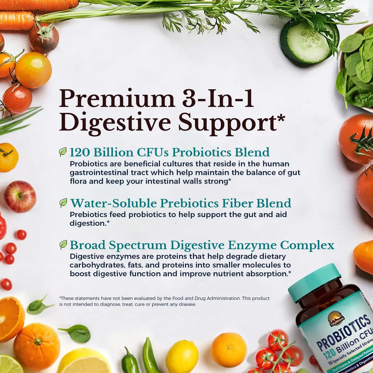 Vitalitown Probiotics 120 Billion CFUs | 36 Strains, with Prebiotics & Digestive Enzymes for Men Women | Shelf Stable | Digestive & Immune Support | Vegan, Non-GMO | 30 Delayed Release Veg Caps - view 3