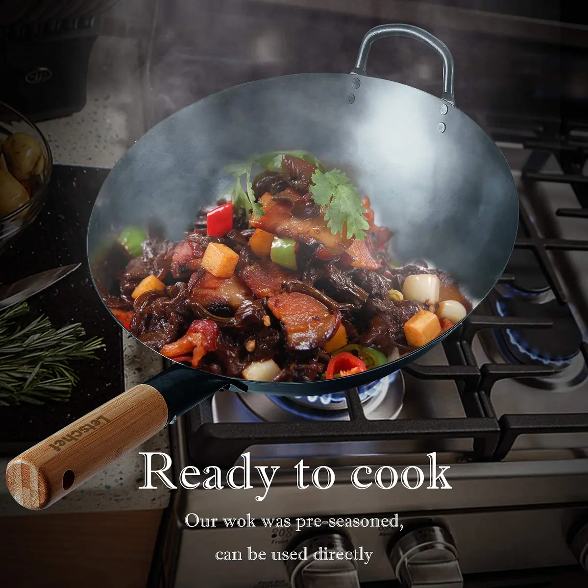 Letschef 14 inch Carbon Steel Wok with Round Bottom-Free Chemical cookware for Gas Stoves - view 6
