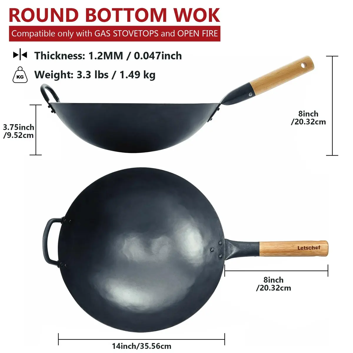 Letschef 14 inch Carbon Steel Wok with Round Bottom-Free Chemical cookware for Gas Stoves - view 2