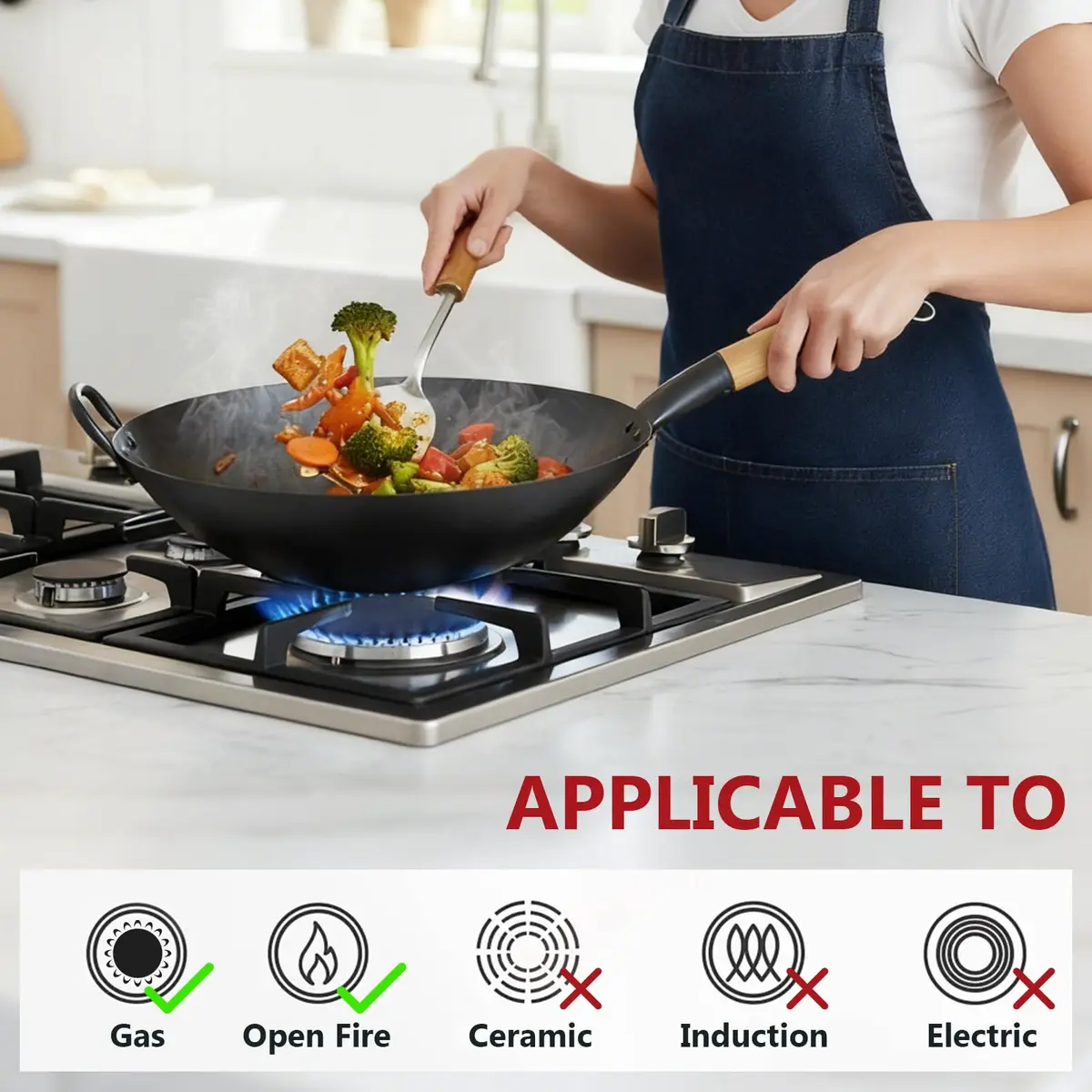 Letschef 14 inch Carbon Steel Wok with Round Bottom-Free Chemical cookware for Gas Stoves - view 3