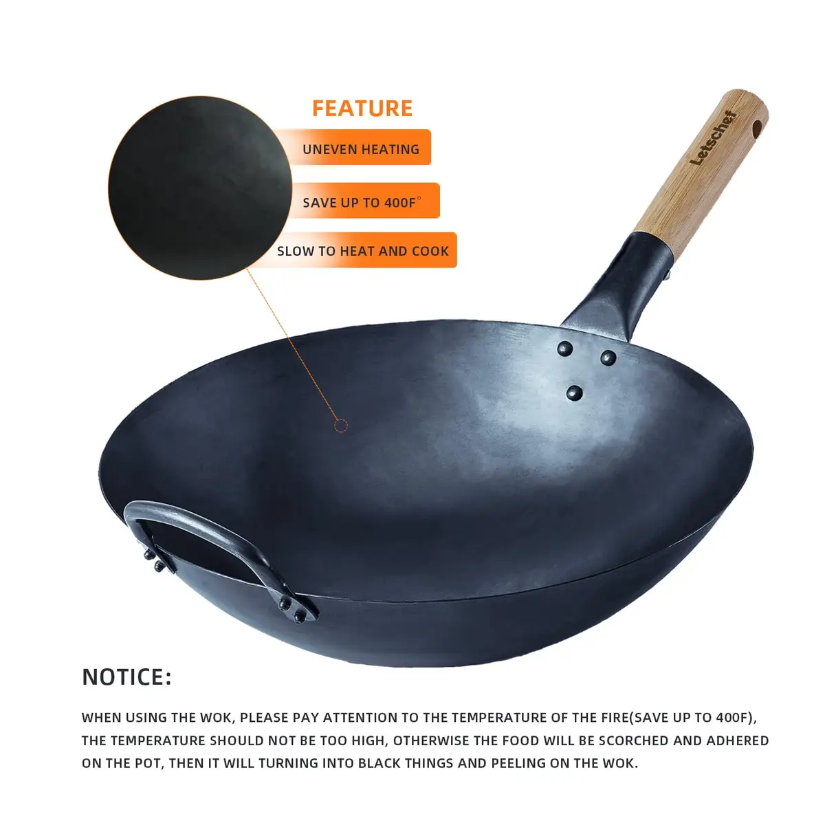 Letschef 14 inch Carbon Steel Wok with Round Bottom-Free Chemical cookware for Gas Stoves - view 4