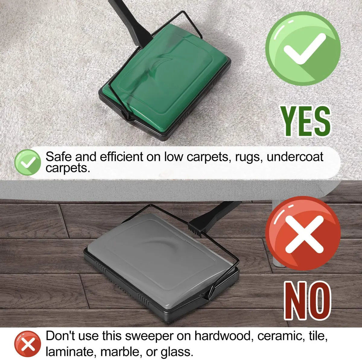 Yocada Manual Carpet Sweeper Green | Easy Use for Low Carpets, Rugs & Pet Hair - view 3