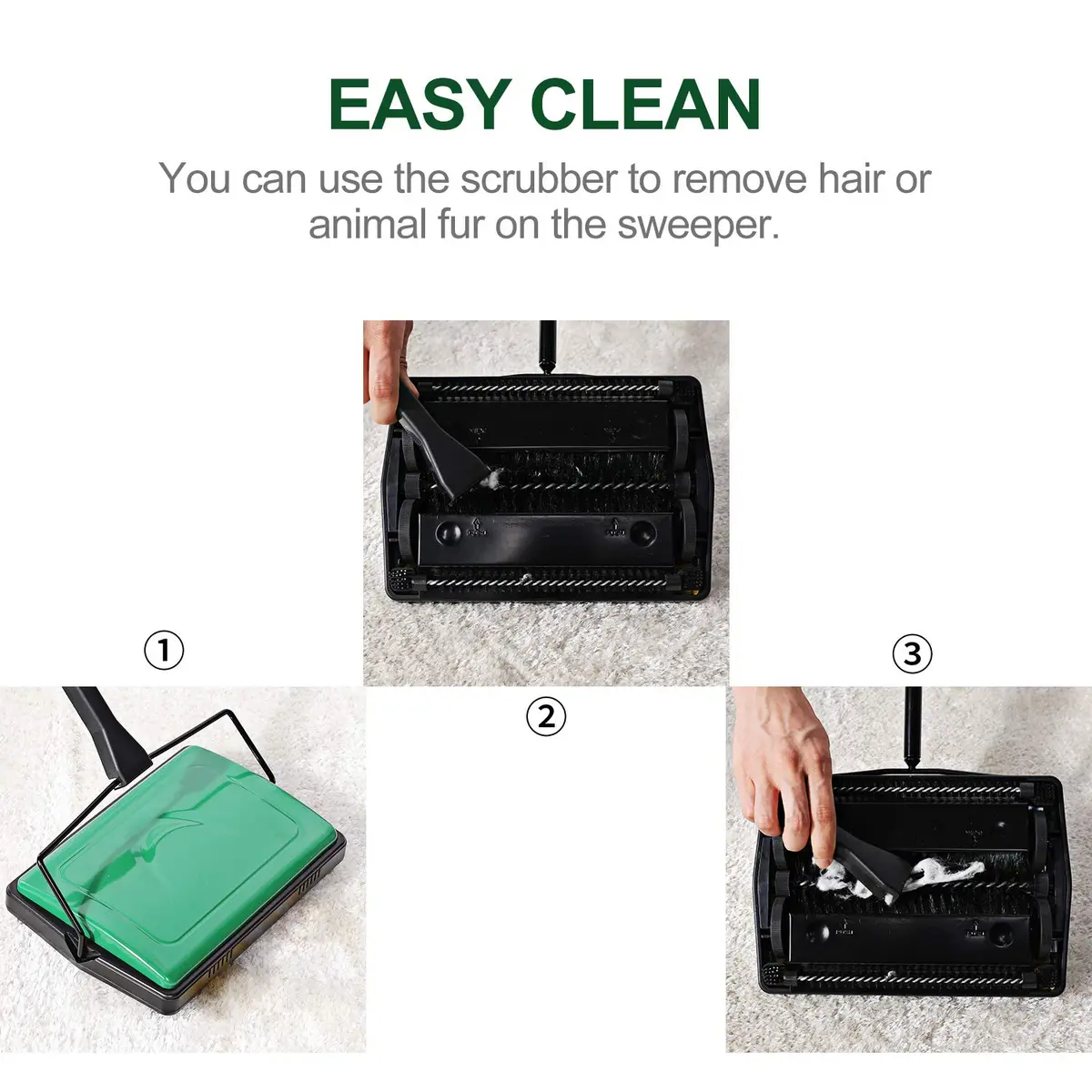 Yocada Manual Carpet Sweeper Green | Easy Use for Low Carpets, Rugs & Pet Hair - view 4