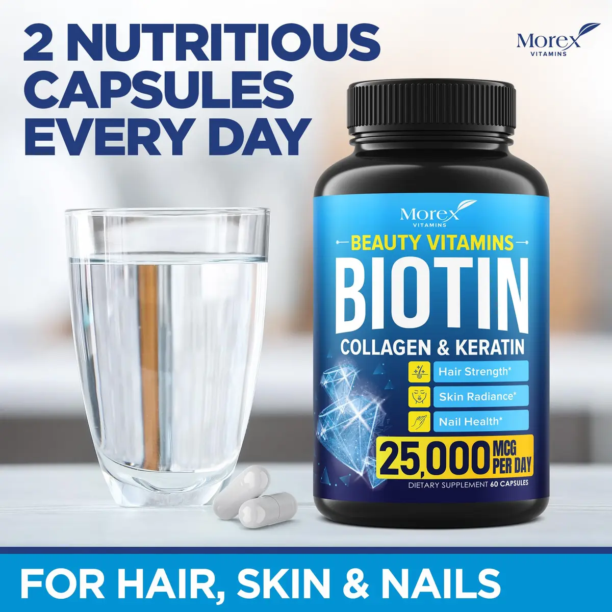 MOREX VITAMINS Biotin Collagen Keratin Supplement 60 caps | Hair Growth Support for Women - view 6