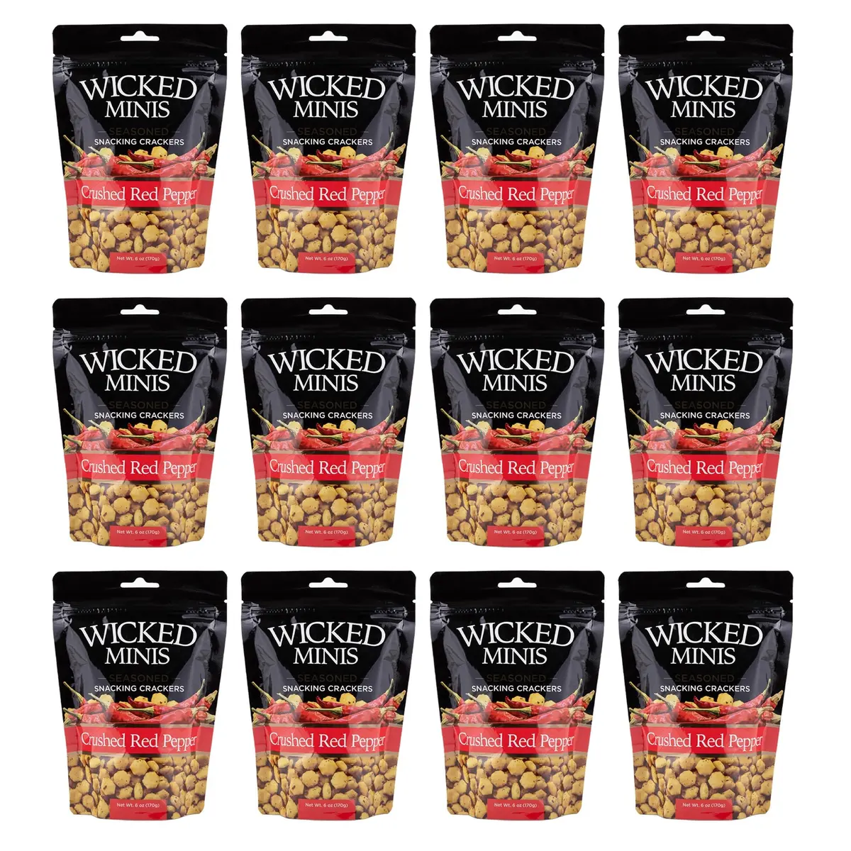 Wicked Mix Soup & Oyster Crackers - Saltine & Salted Flavored Mini Puffed Soup, Savory Snacking Mix, Seasoned Croutons Salad Toppers, Crackers for Chili 6oz (Crushed Red Pepper, Pack of 12) - main product image
