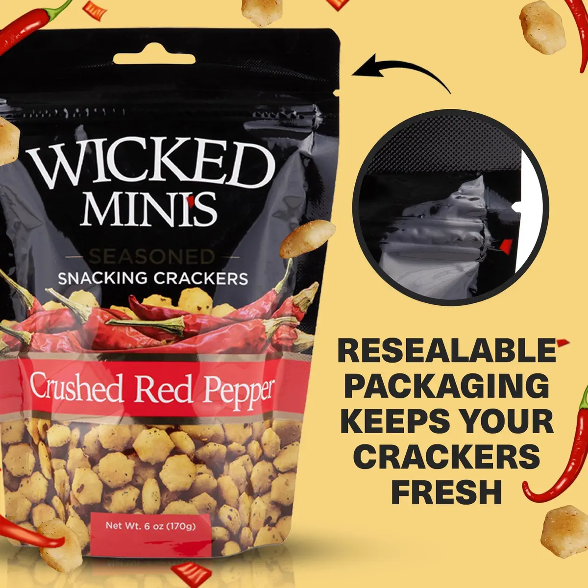 Wicked Mix Soup & Oyster Crackers - Saltine & Salted Flavored Mini Puffed Soup, Savory Snacking Mix, Seasoned Croutons Salad Toppers, Crackers for Chili 6oz (Crushed Red Pepper, Pack of 12) - view 5