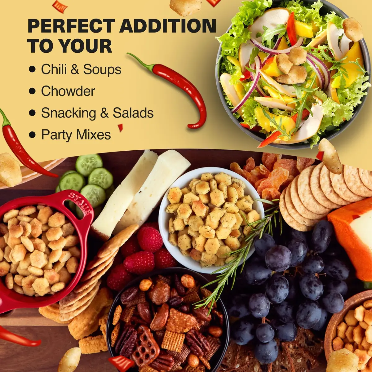 Wicked Mix Soup & Oyster Crackers - Saltine & Salted Flavored Mini Puffed Soup, Savory Snacking Mix, Seasoned Croutons Salad Toppers, Crackers for Chili 6oz (Crushed Red Pepper, Pack of 12) - view 2