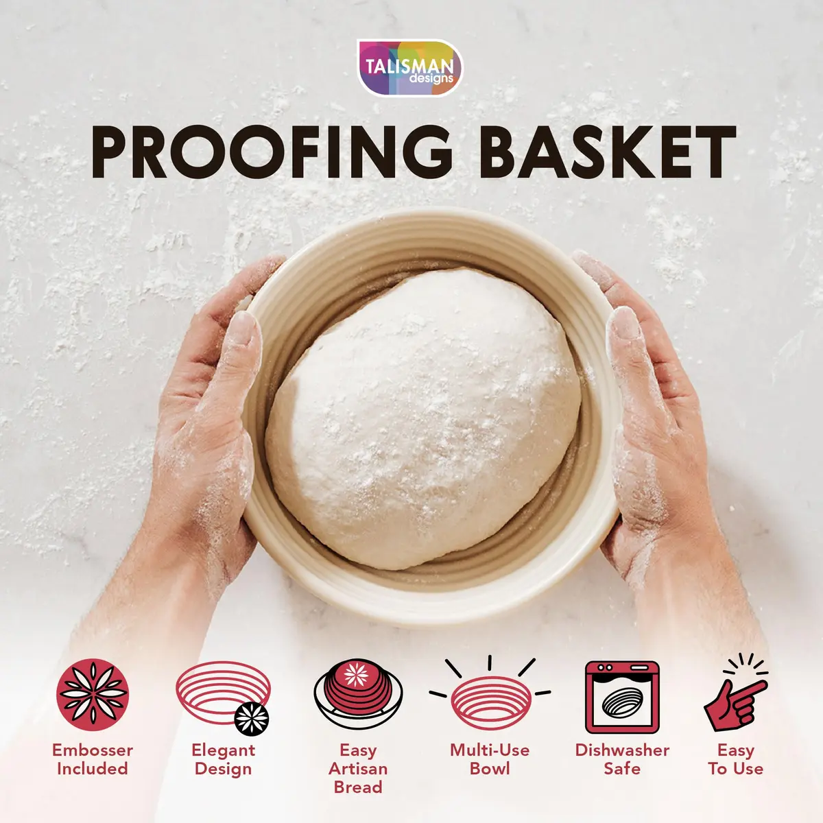 Talisman Designs Bread Proofing Basket with Embosser | 9-Inch Round Dough Rising Bowl | Perfect Crust & Artisan Loaves - view 5