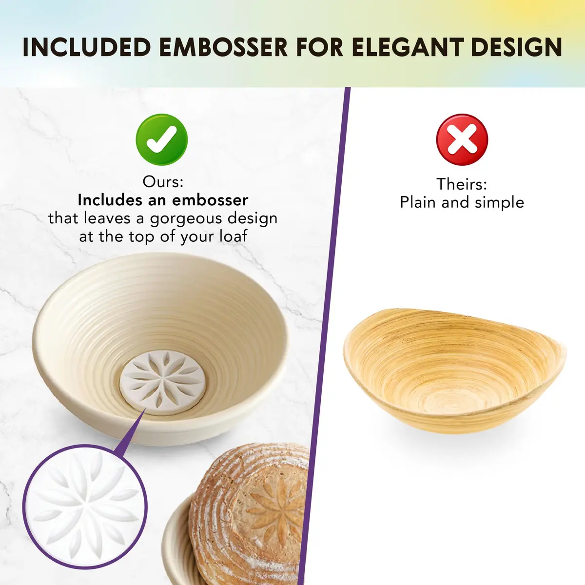 Talisman Designs Bread Proofing Basket with Embosser | 9-Inch Round Dough Rising Bowl | Perfect Crust & Artisan Loaves - view 3