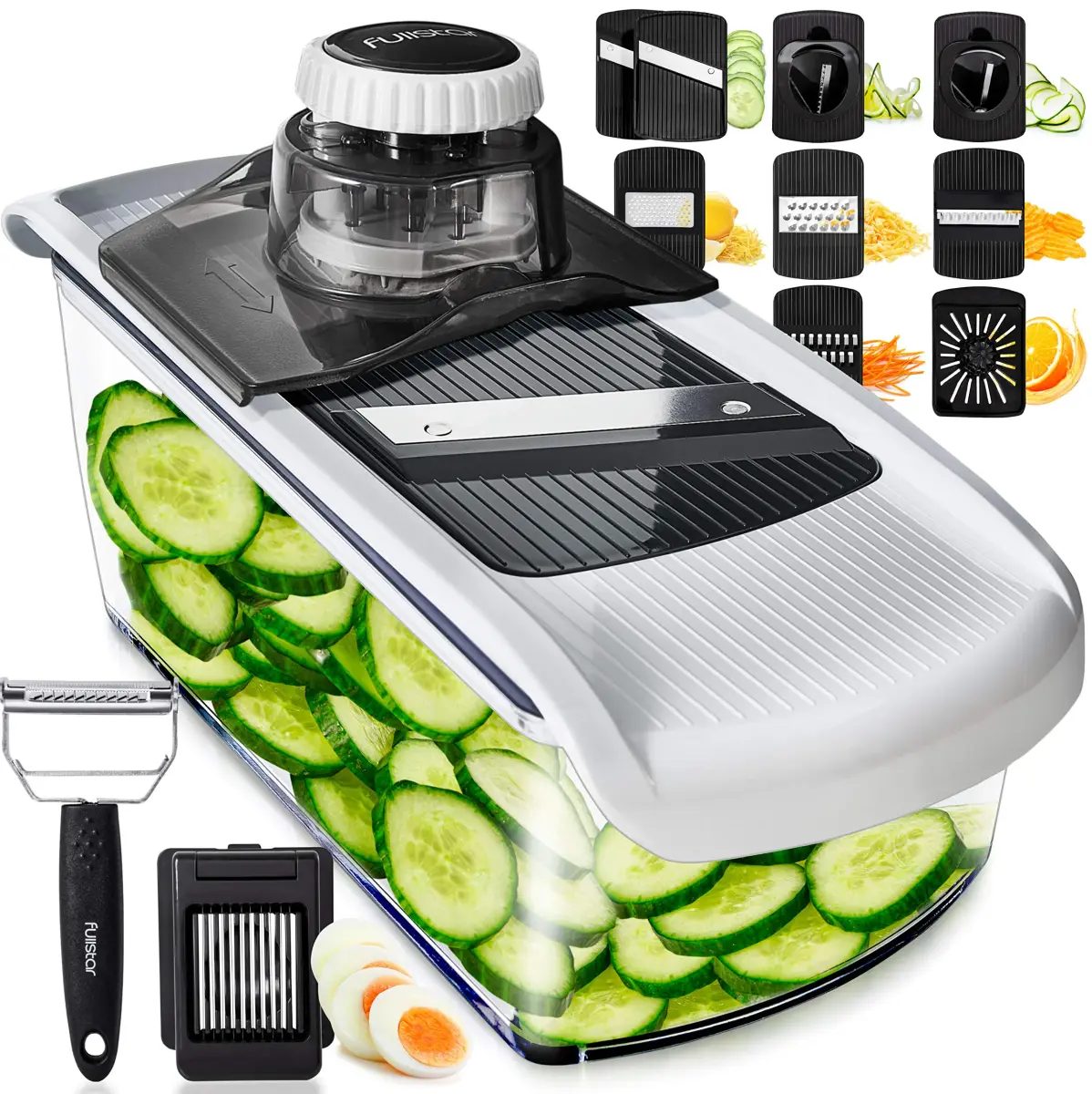 Fullstar 11-in-1 Mandoline Slicer & Food Chopper with Safety Glove (White/Black) | Versatile Kitchen Gadget for Slicing, Grating, Spiralizing - main product image