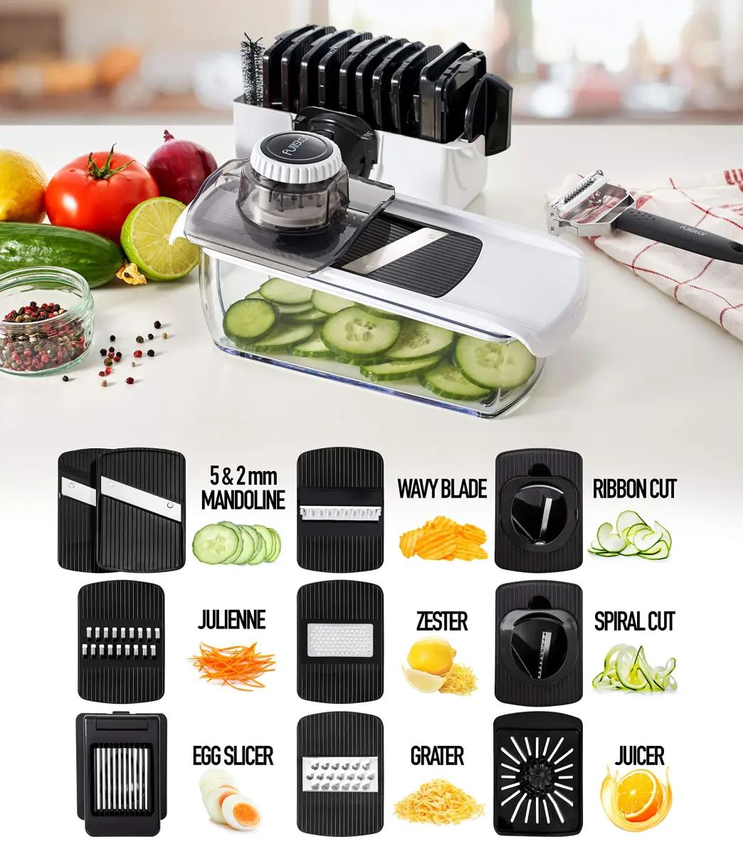 Fullstar 11-in-1 Mandoline Slicer & Food Chopper with Safety Glove (White/Black) | Versatile Kitchen Gadget for Slicing, Grating, Spiralizing - view 3