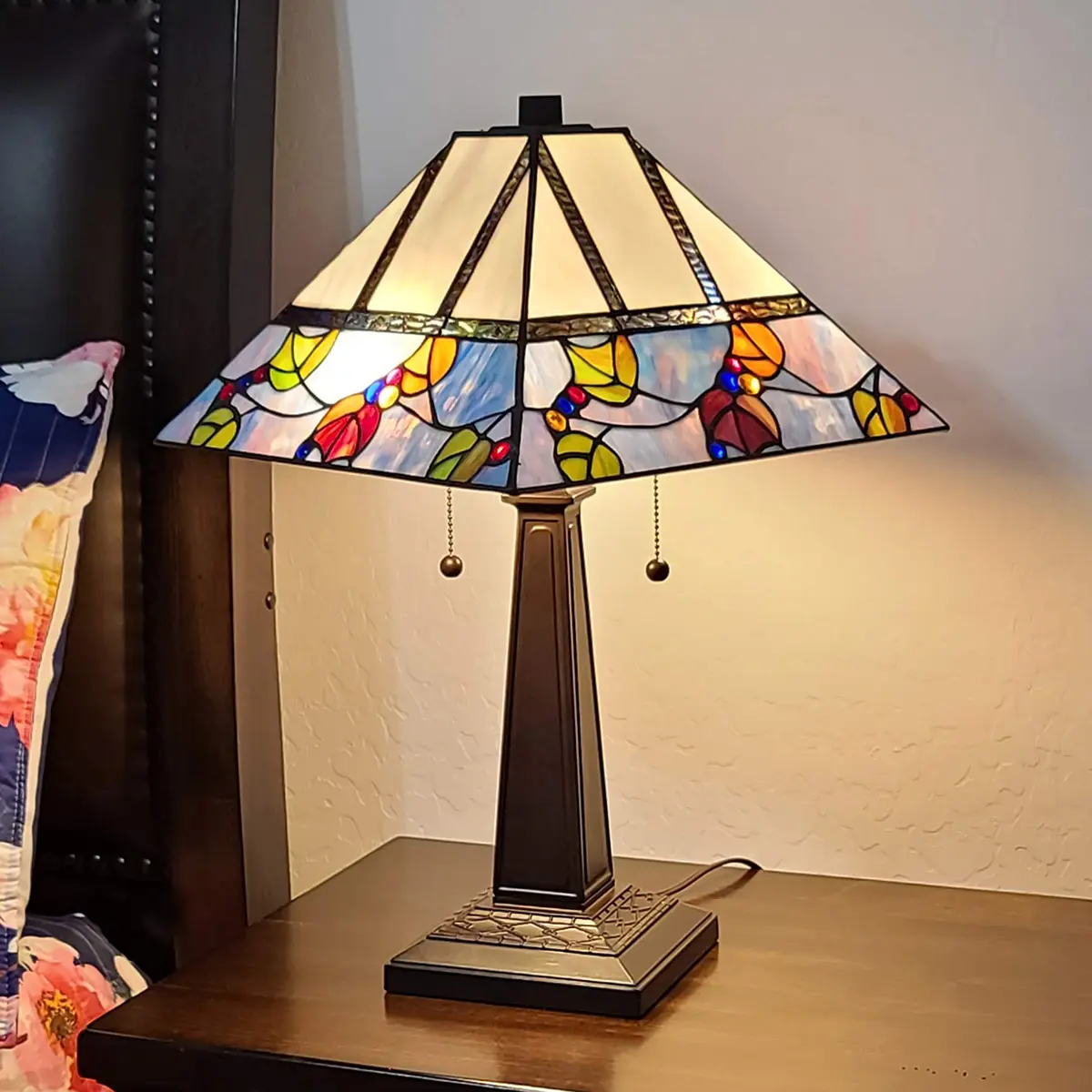 Amora Tiffany Style Table Lamp Banker Mission 22" Tall Stained Glass Multicolor | Vintage Antique Night Stand Living Room Bedroom Decor - main product image