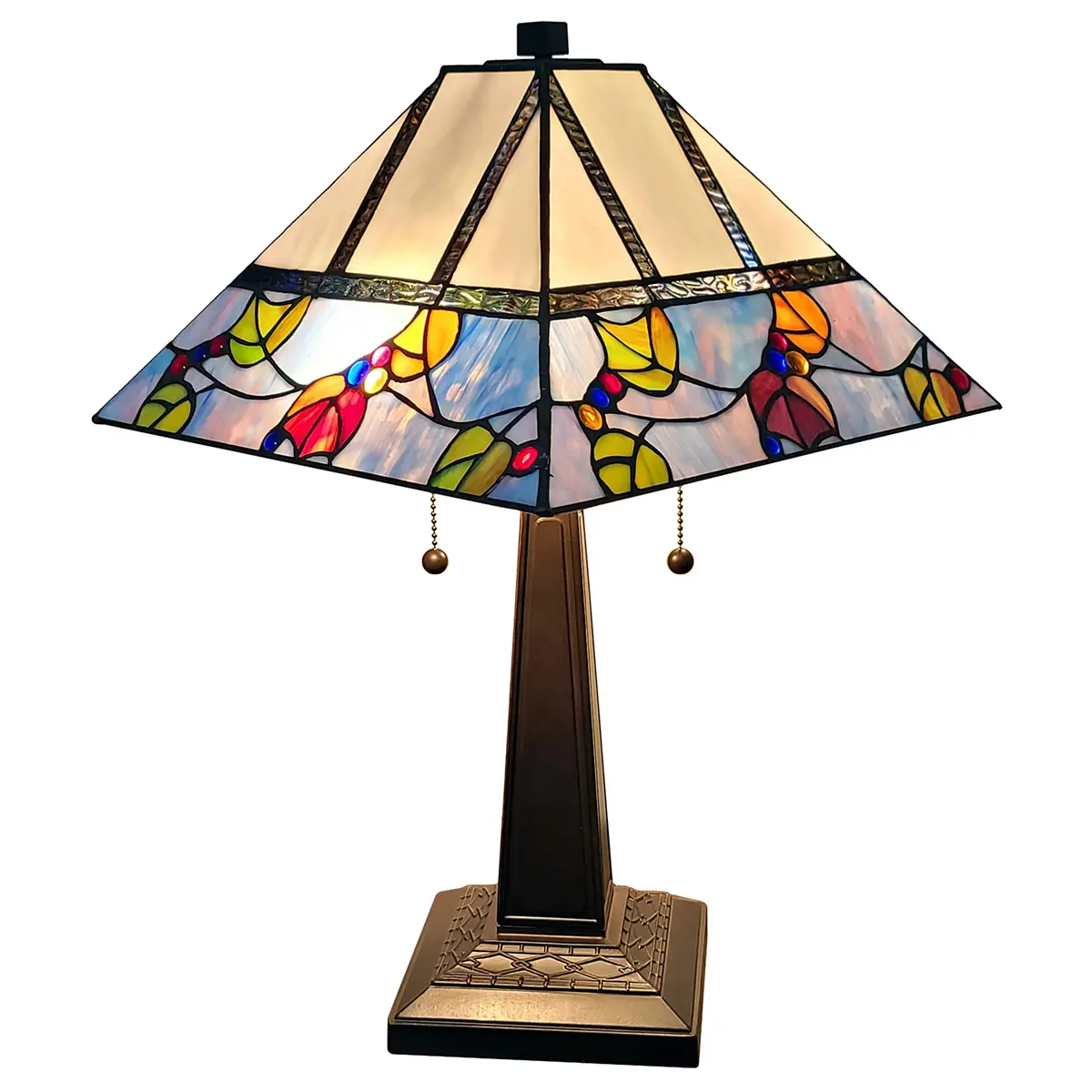 Amora Tiffany Style Table Lamp Banker Mission 22" Tall Stained Glass Multicolor | Vintage Antique Night Stand Living Room Bedroom Decor - view 5