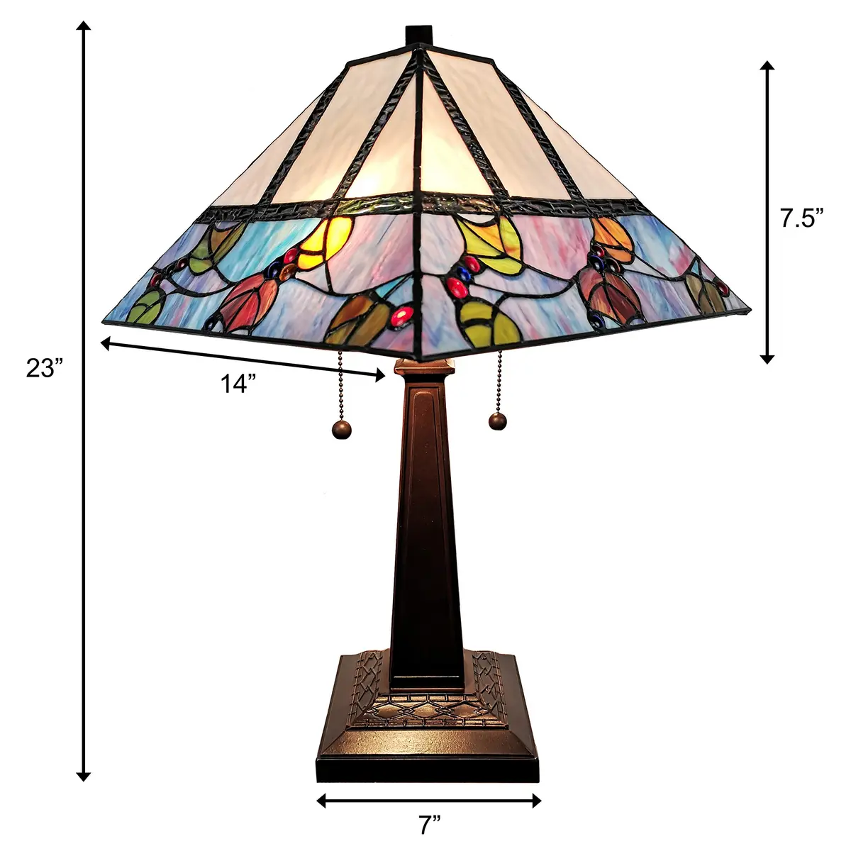 Amora Tiffany Style Table Lamp Banker Mission 22" Tall Stained Glass Multicolor | Vintage Antique Night Stand Living Room Bedroom Decor - view 6