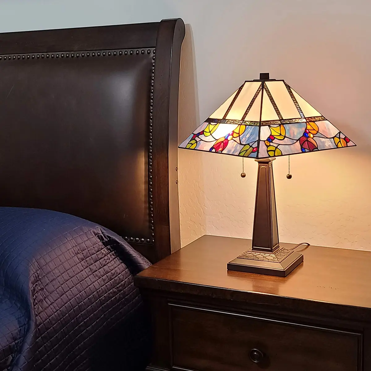Amora Tiffany Style Table Lamp Banker Mission 22" Tall Stained Glass Multicolor | Vintage Antique Night Stand Living Room Bedroom Decor - view 2