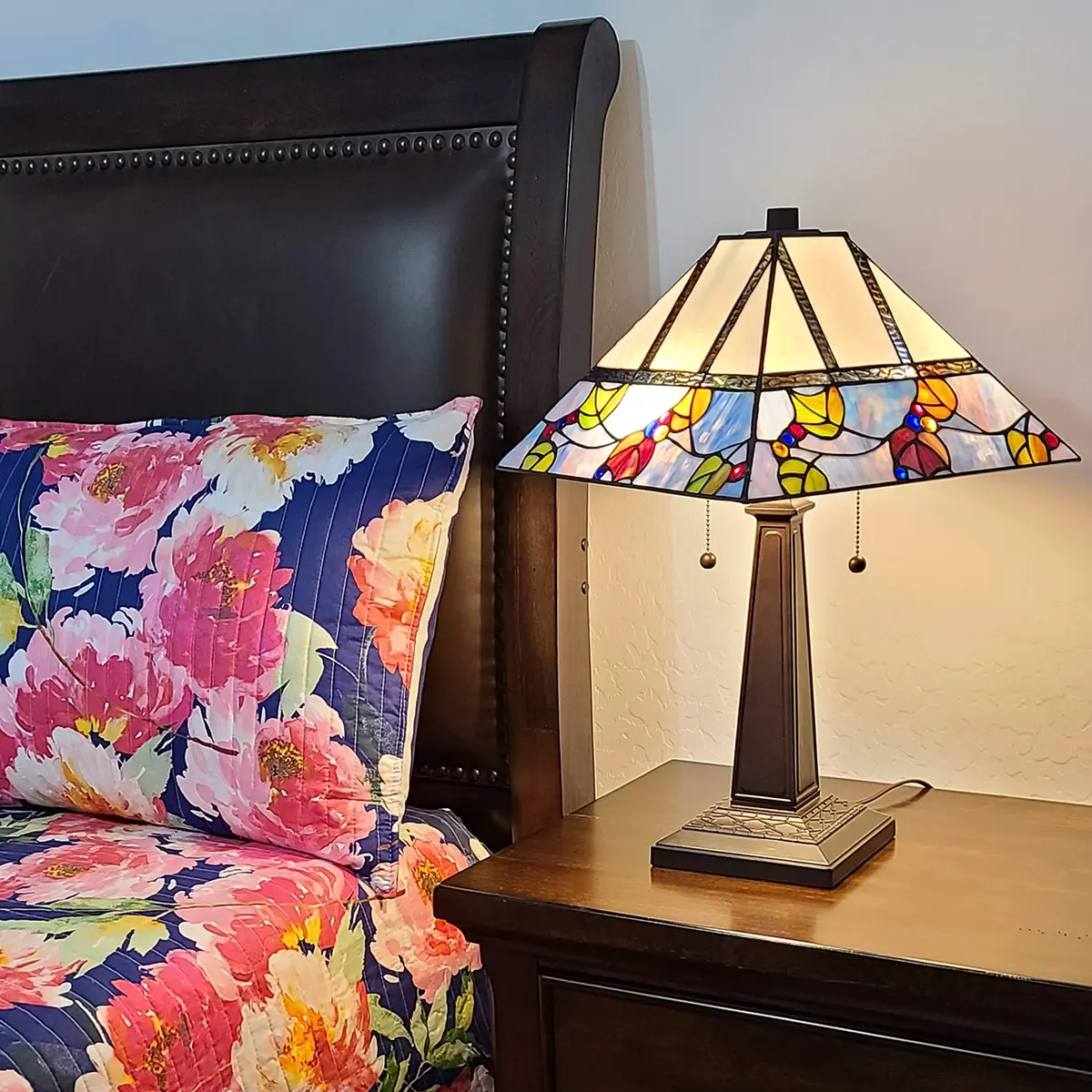 Amora Tiffany Style Table Lamp Banker Mission 22" Tall Stained Glass Multicolor | Vintage Antique Night Stand Living Room Bedroom Decor - view 3