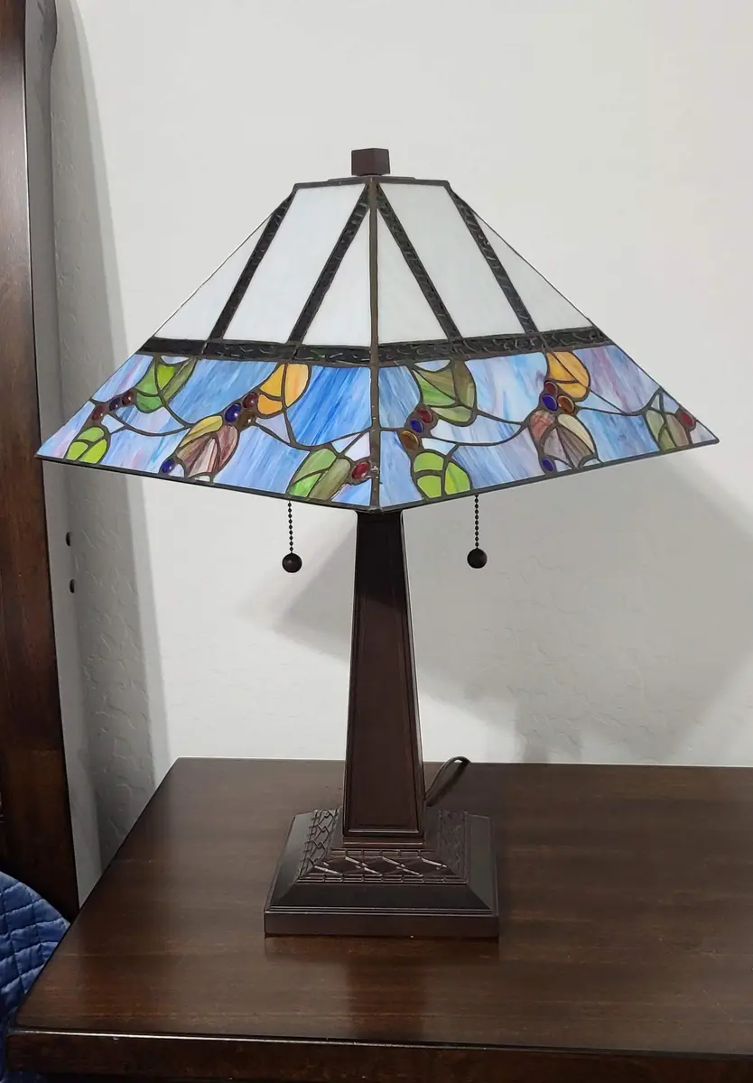Amora Tiffany Style Table Lamp Banker Mission 22" Tall Stained Glass Multicolor | Vintage Antique Night Stand Living Room Bedroom Decor - view 4