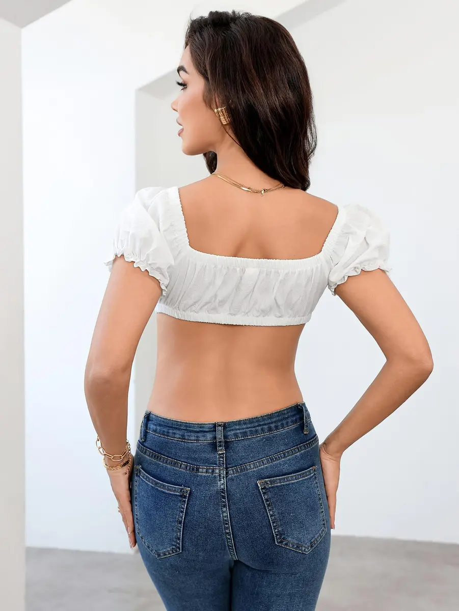 SweatyRocks Women's V Neck Crop Top Tie Front Short Sleeve | Sexy Summer Casual - view 2