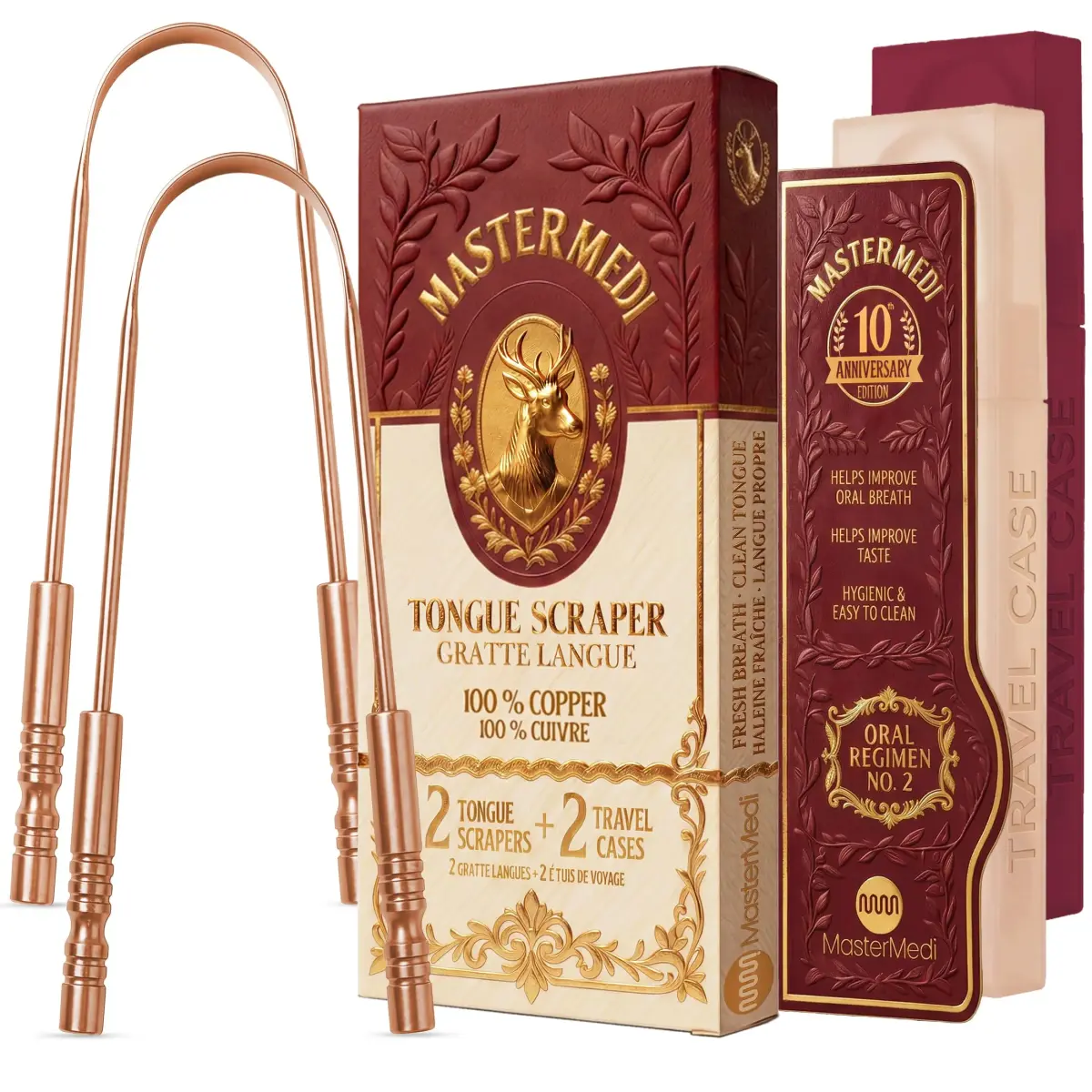 MasterMedi Copper Tongue Scraper Set of 2 with Travel Case | Ayurvedic Oral Care for Fresh Breath - main product image