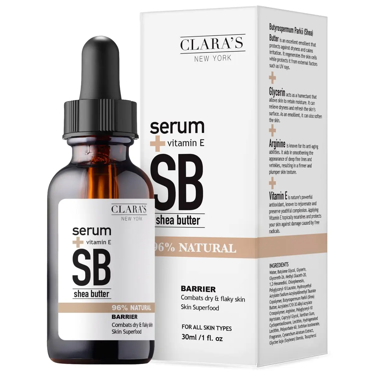 CLARA'S NEW YORK Shea Butter Facial Serum with Vitamin E 30ml | Hydrating & Soothing Daily Face Serum - main product image