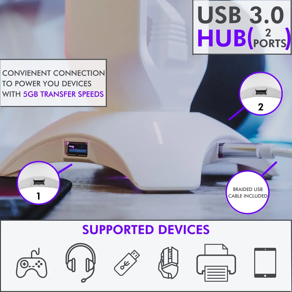 Tilted Nation Gaming Headphone Stand | RGB Headset Stand White | Headset Holder for Desk with Mouse Bungee and USB Hub | The Ultimate Gaming Accessories for Gamers for PS5, Xbox, PC - White - view 5
