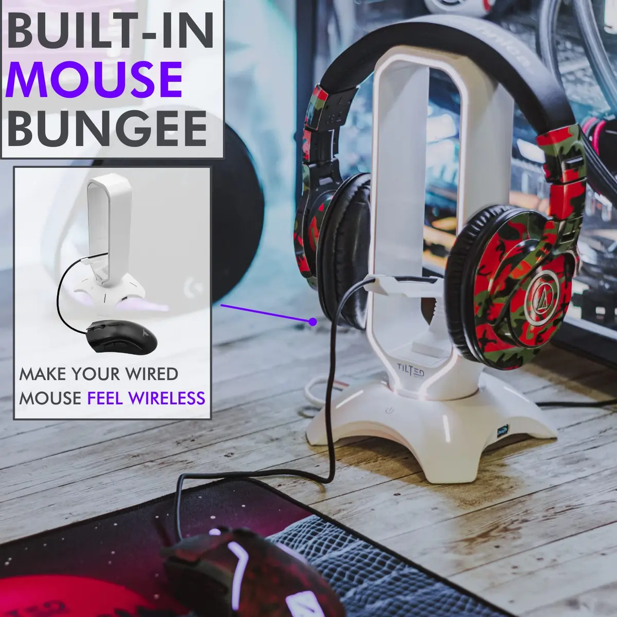 Tilted Nation Gaming Headphone Stand | RGB Headset Stand White | Headset Holder for Desk with Mouse Bungee and USB Hub | The Ultimate Gaming Accessories for Gamers for PS5, Xbox, PC - White - view 6