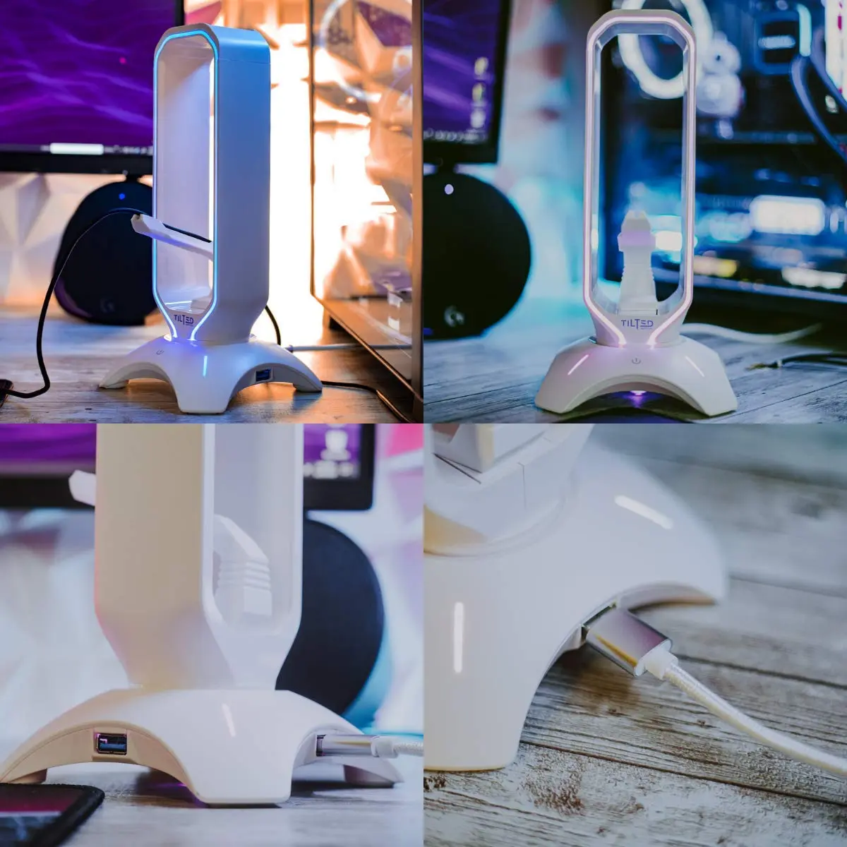 Tilted Nation Gaming Headphone Stand | RGB Headset Stand White | Headset Holder for Desk with Mouse Bungee and USB Hub | The Ultimate Gaming Accessories for Gamers for PS5, Xbox, PC - White - view 7