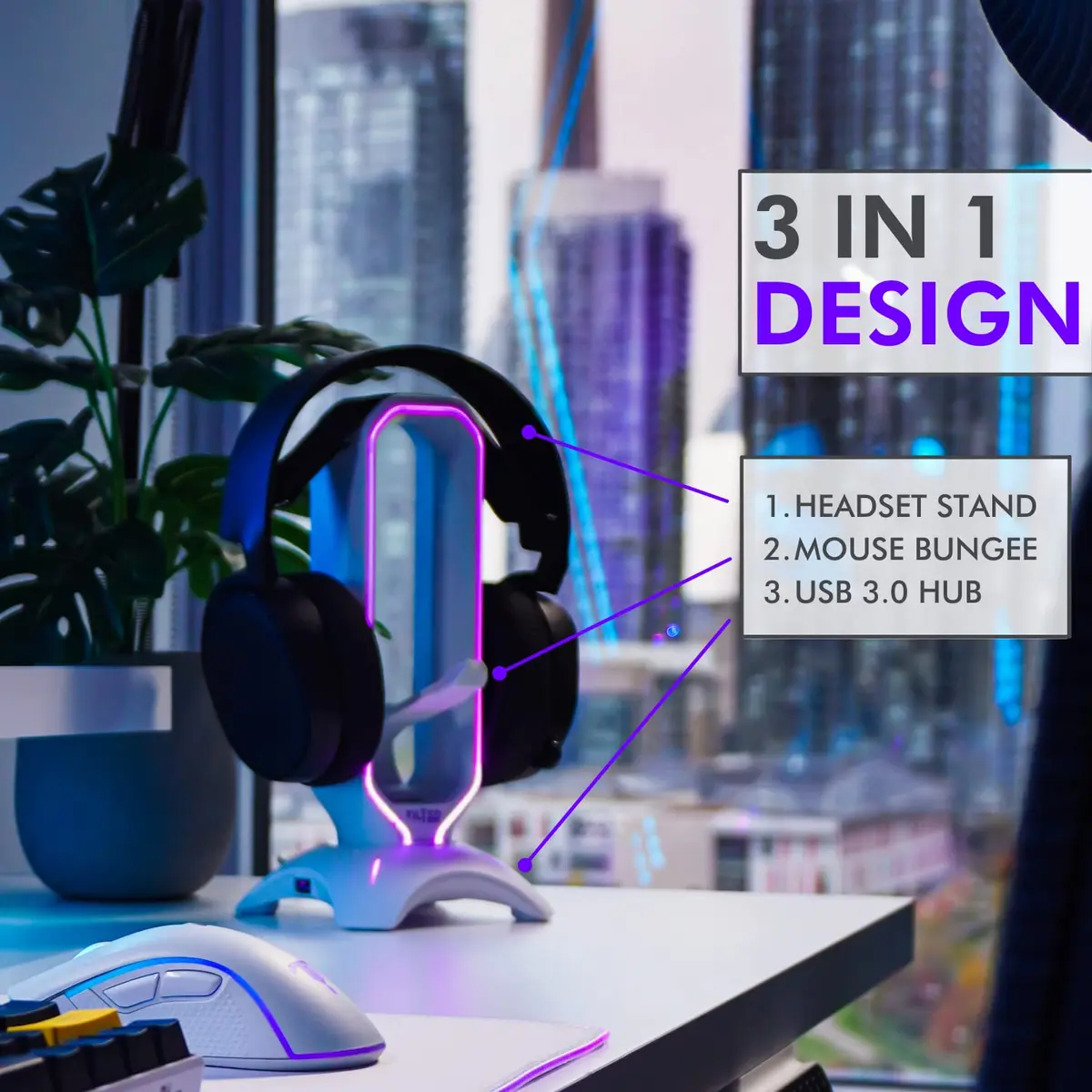 Tilted Nation Gaming Headphone Stand | RGB Headset Stand White | Headset Holder for Desk with Mouse Bungee and USB Hub | The Ultimate Gaming Accessories for Gamers for PS5, Xbox, PC - White - view 2