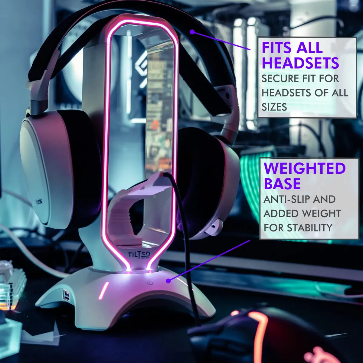 Tilted Nation Gaming Headphone Stand | RGB Headset Stand White | Headset Holder for Desk with Mouse Bungee and USB Hub | The Ultimate Gaming Accessories for Gamers for PS5, Xbox, PC - White - view 3
