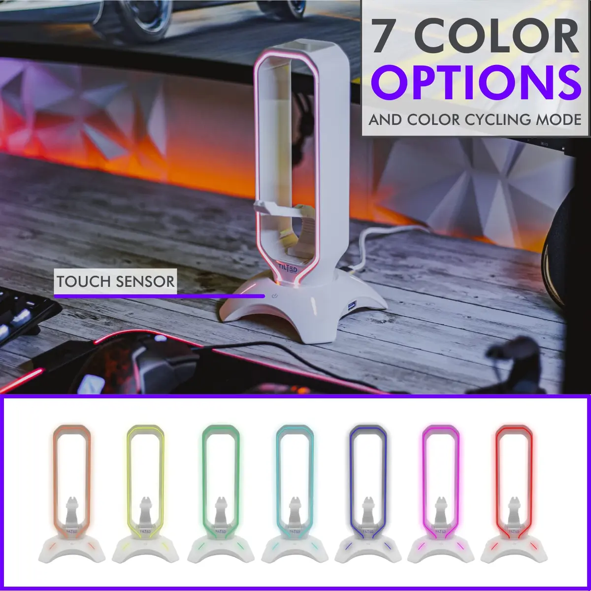 Tilted Nation Gaming Headphone Stand | RGB Headset Stand White | Headset Holder for Desk with Mouse Bungee and USB Hub | The Ultimate Gaming Accessories for Gamers for PS5, Xbox, PC - White - view 4