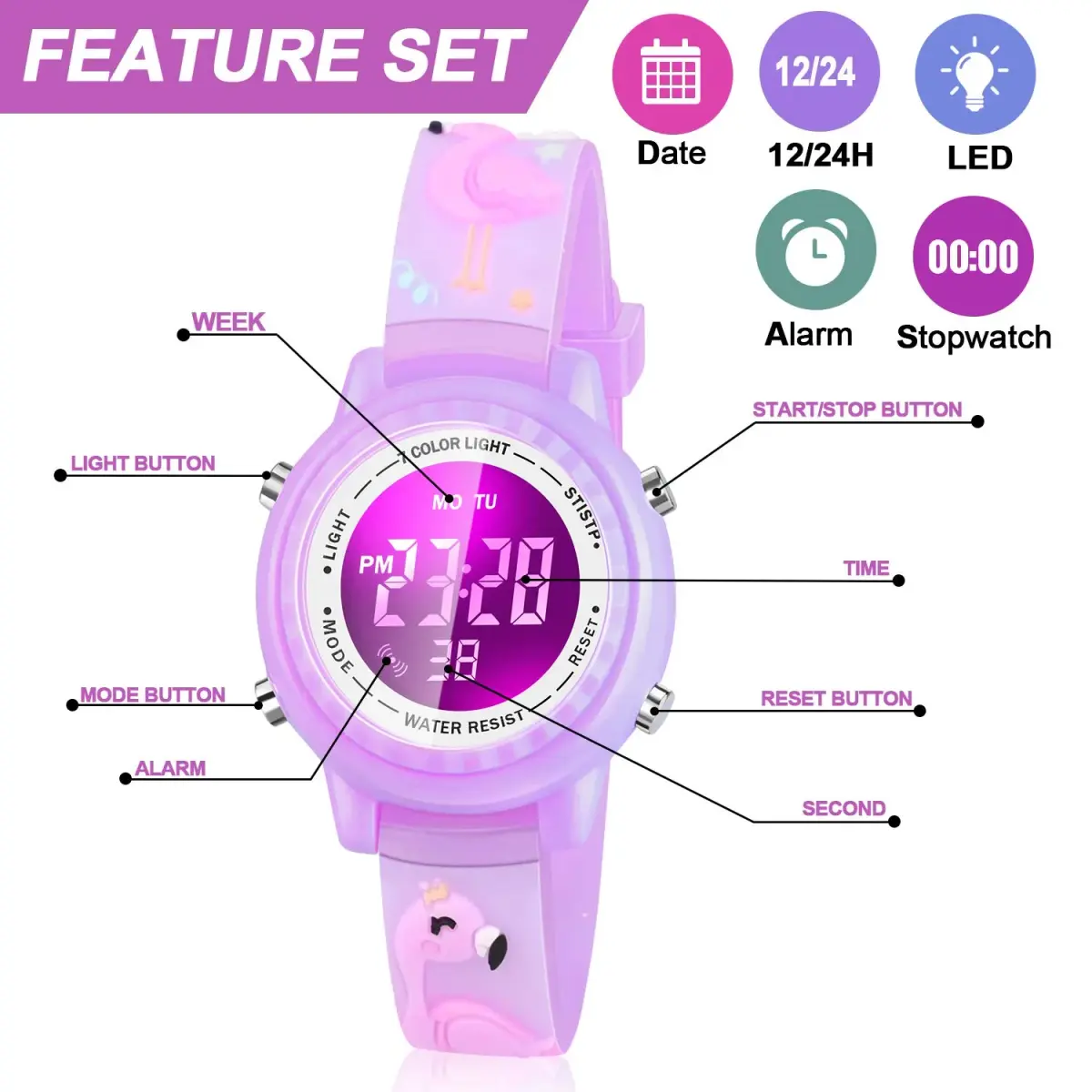 Viposoon Kids Watch Flamingo Purple 35mm (1.4in) | Fun 3D Cartoon Design for Girls Ages 4-8 - view 2