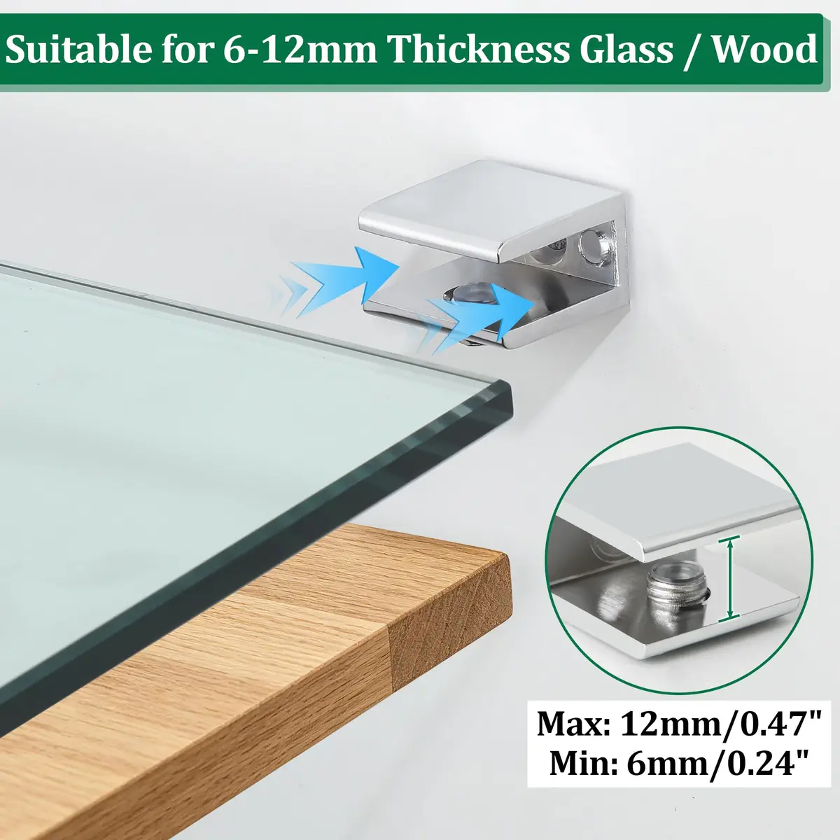 SAYAYO Glass Shelf Brackets Adjustable for 6-10 mm Shelf | Durable Chrome Finish - view 3