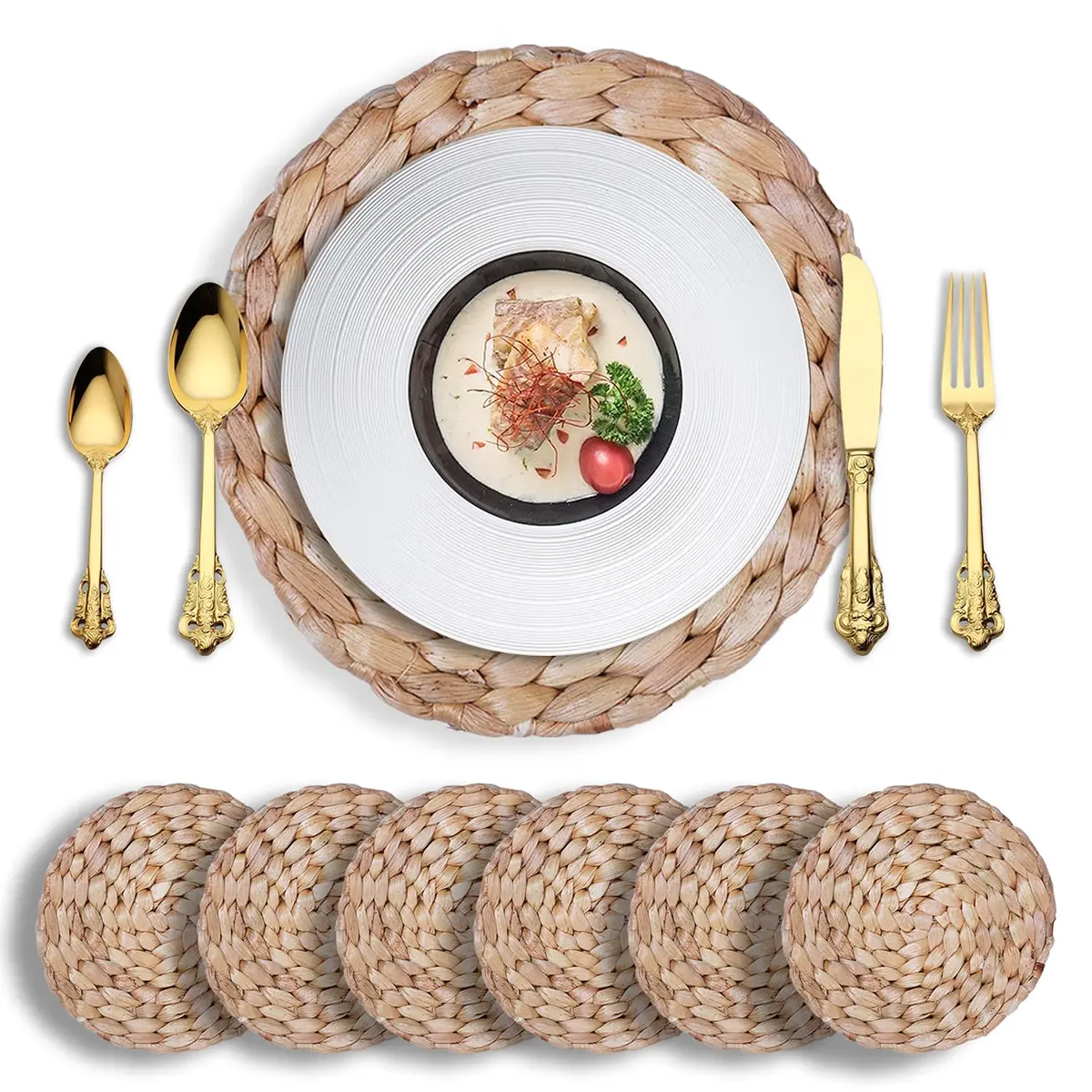 DMATSTORE Water Hyacinth Placemats - Round Woven Placemats - Trivets for Hot Dishes (Seagrass11.8-6pcs) | Rustic Heat-Resistant Table Decor - main product image