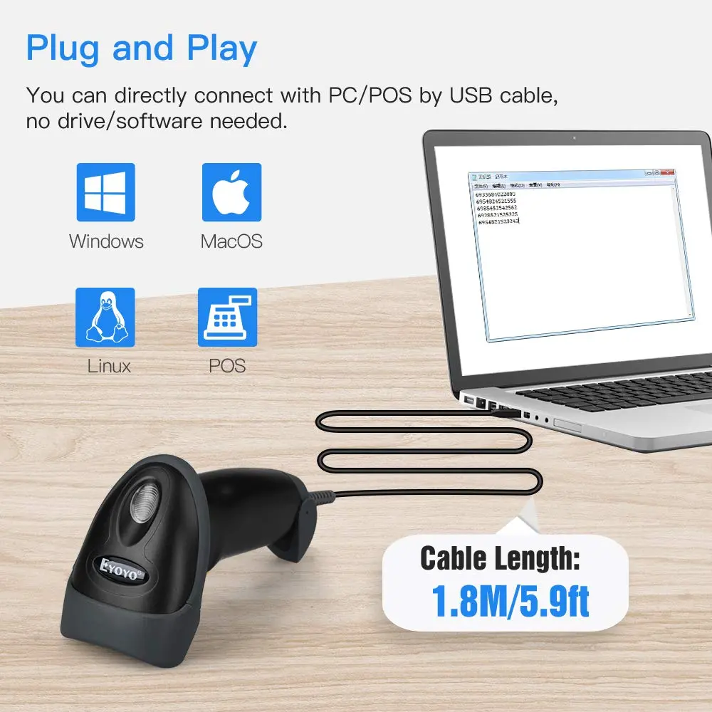 Eyoyo EY-H2 Handheld USB Wired 2D Barcode Scanner 16cm (6.29in) | POS Mobile Payment Reader - view 3