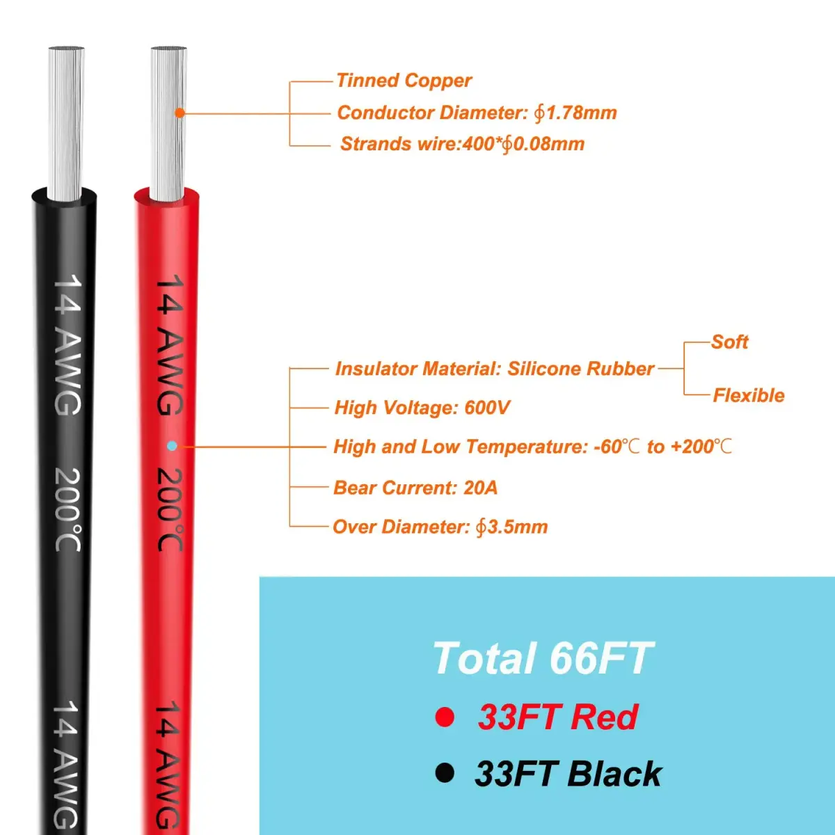 Haerkn 14 AWG Silicone Wire Cable 20.12 m (66 ft) | 600V High Temp Tinned Copper - view 2