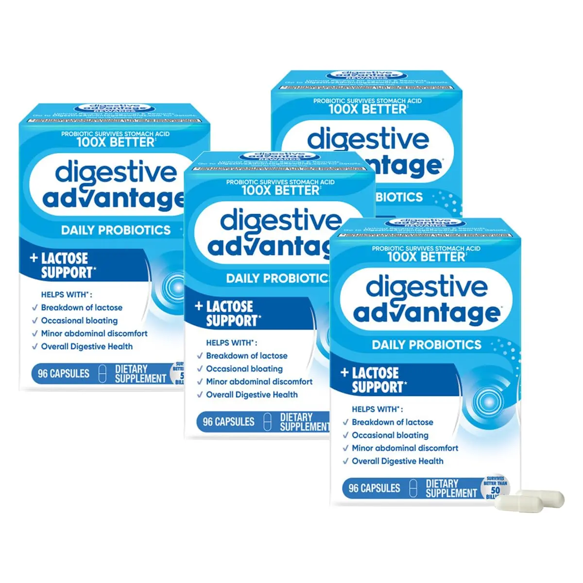 Digestive Advantage Probiotics + Lactase Digestive Enzymes for Digestive Health | Daily Support for Women & Men (96ct Pack of 4) - main product image
