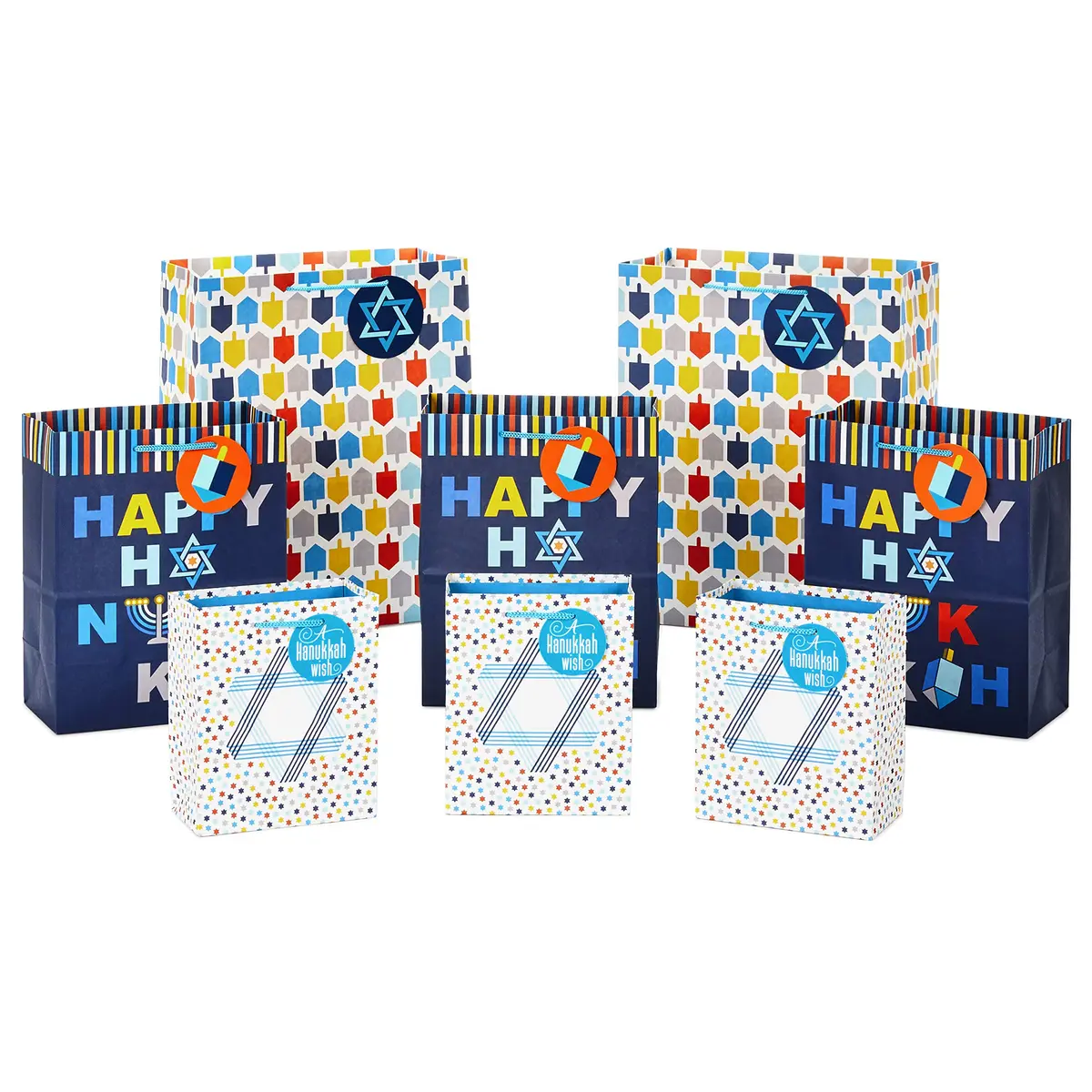 Hallmark Hanukkah Gift Bag Assortment (8 Pack) | Festive Hanukkah Designs in Blue, Orange, Yellow - main product image