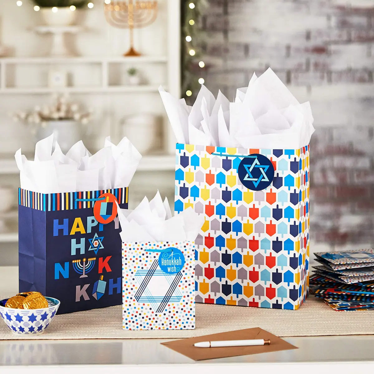 Hallmark Hanukkah Gift Bag Assortment (8 Pack) | Festive Hanukkah Designs in Blue, Orange, Yellow - view 2