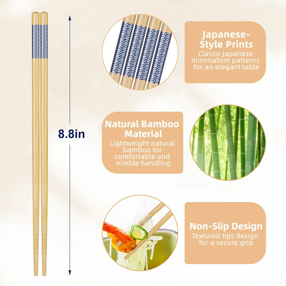 Antner 5 Pairs Bamboo Chopsticks Reusable Japanese Style Gift Sets 22.5 cm (8.8 Inch) - view 2