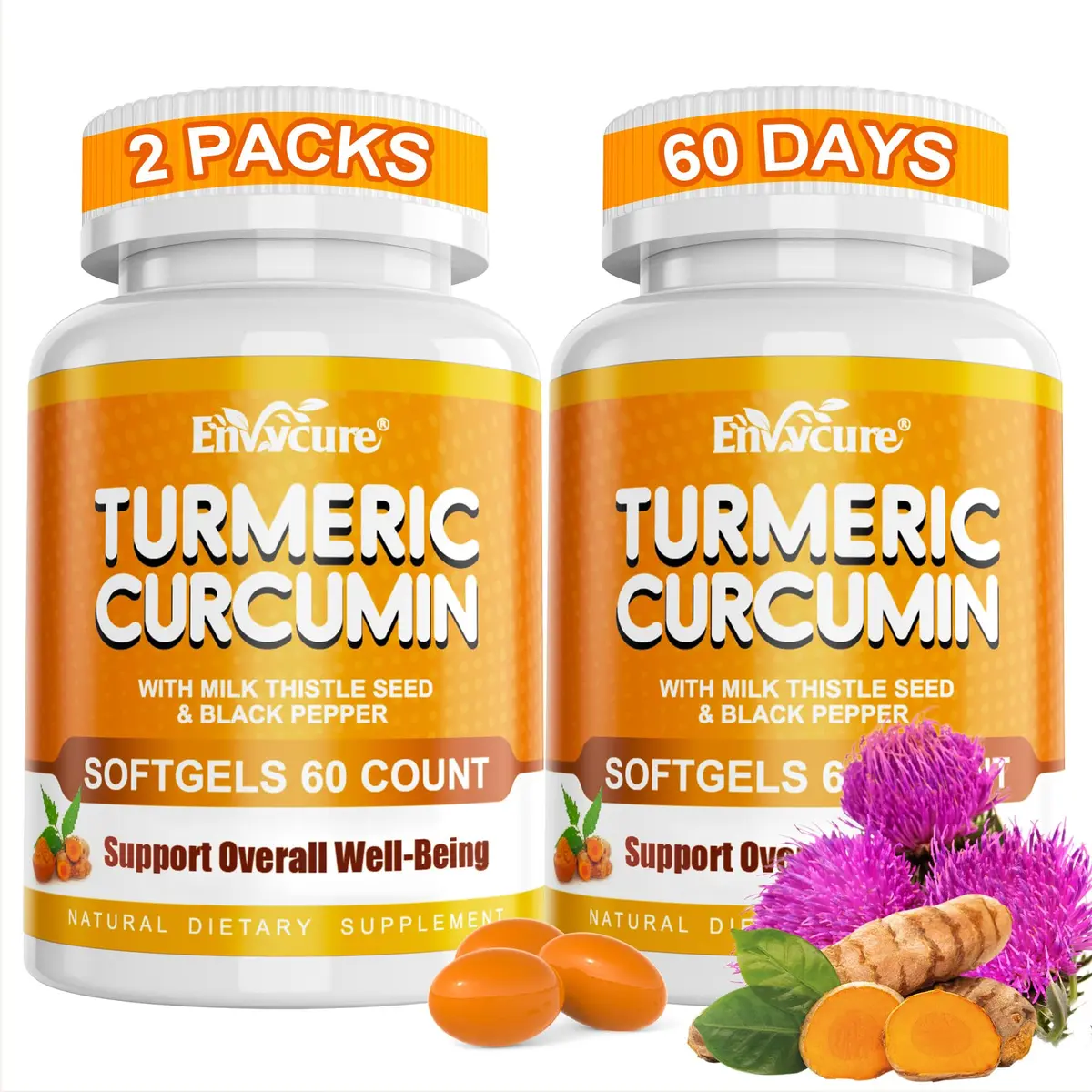 EnvyCure Turmeric Curcumin 2000mg Softgels with Milk Thistle, Ginger, Black Pepper | Supports Liver & Immunity - main product image