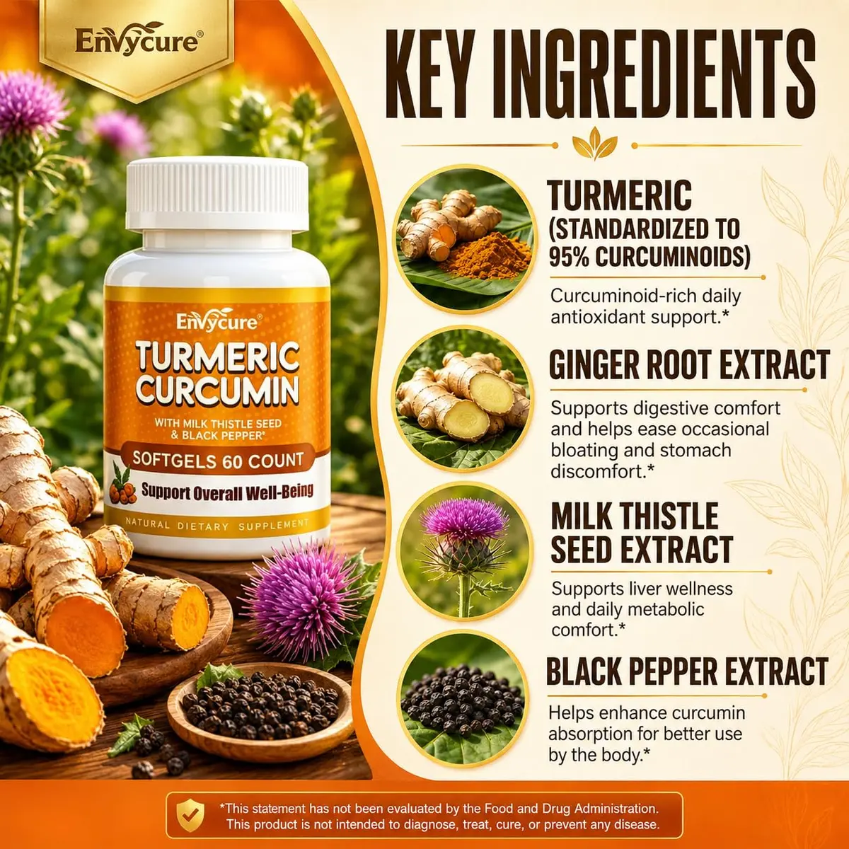 EnvyCure Turmeric Curcumin 2000mg Softgels with Milk Thistle, Ginger, Black Pepper | Supports Liver & Immunity - view 3