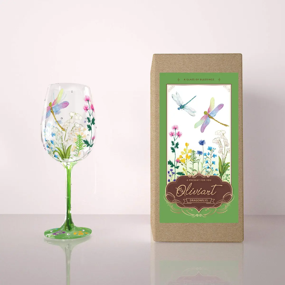 NymphFable Dragonfly Floral Hand-Painted Wine Glass Gift for Women, 15 oz | Artistic Hand-Painted Glassware - view 6
