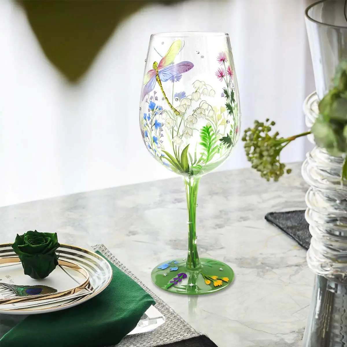 NymphFable Dragonfly Floral Hand-Painted Wine Glass Gift for Women, 15 oz | Artistic Hand-Painted Glassware - view 7