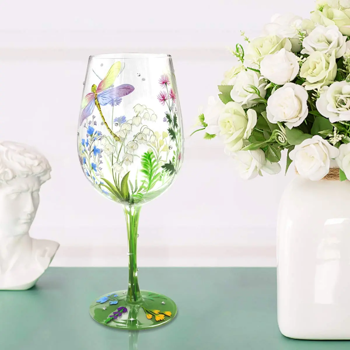 NymphFable Dragonfly Floral Hand-Painted Wine Glass Gift for Women, 15 oz | Artistic Hand-Painted Glassware - view 8